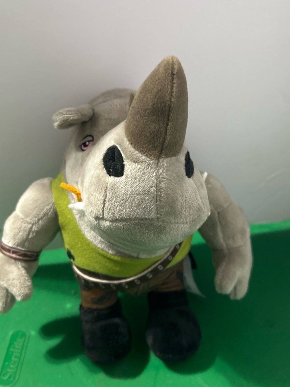 Gray Rhino Plush Toy with Green Vest - Soft Cuddly Stuffed Animal